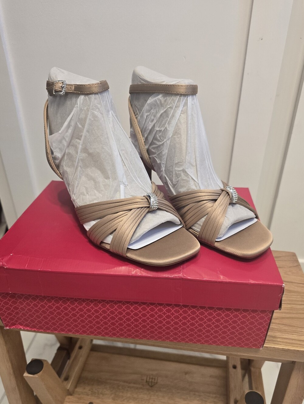 Kelly & Katie Rose Gold Strappy Heeled Sandals with Rhinestone Accent